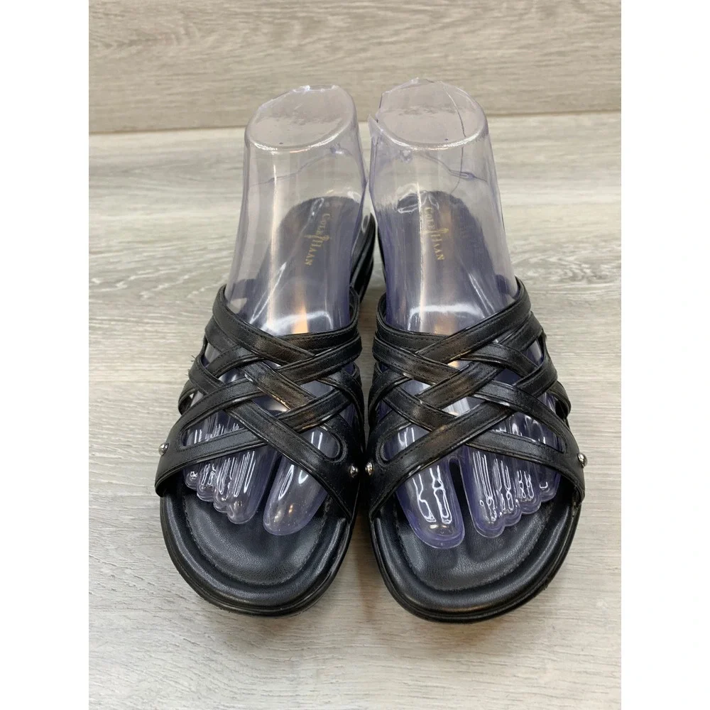Cole Haan Nike Air Women's Sandals Black Leather Strappy Wedge Studded Slides 7